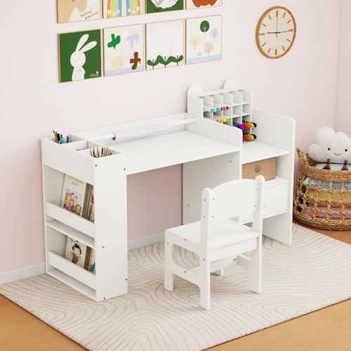 Image of Costzon Toddler Table and Chair Set, 2-in-1 Art Desk Set with Paper Roll | Drawing Table and Stool w / Cubby Cabinet, Storage Drawer and Side Book Rack for Drawing, Studying, Reading & Activity Play