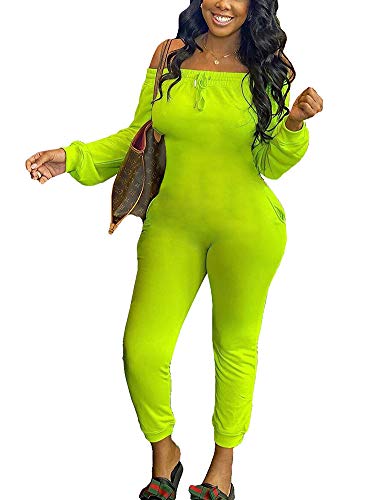 Prettyol Women Casual Bodycon Romper Jumpsuit Club Bodysuit - Long Sleeve Off Shoulder Drawstring Long Pants Clubwear One Piece Outfits with Pockets Green, Medium