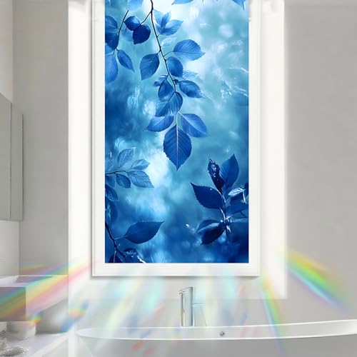 Image of Nuxovilar, Blue Leaf Art Window Film, 17.7x39.4inch | Blue Foliage Pattern Static Cling for Living Room (Sparkle)