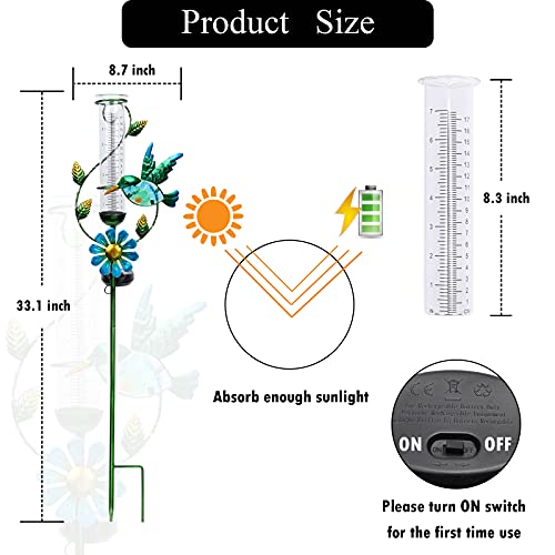 Mumtop Rain Gauge Outdoor - Solar Powered Garden Rain Gauge, Metal Hummingbird Flower Stake, Led Lights For Garden Yard Patio Decor #TOP4