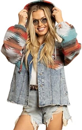 happlan Hoodie Aztec Denim Jacket for Women Lapel Button Down Print Shirt Coat Shacket (0352-Red-L)