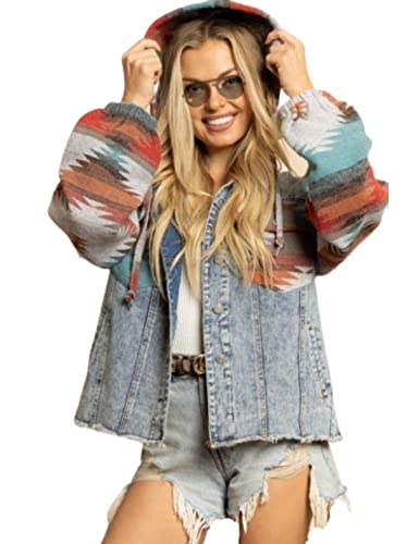Happlan Hoodie Aztec Denim Jacket For Women Lapel Button Down Print Shirt Coat Shacket (0352-Red-L) #TOP3
