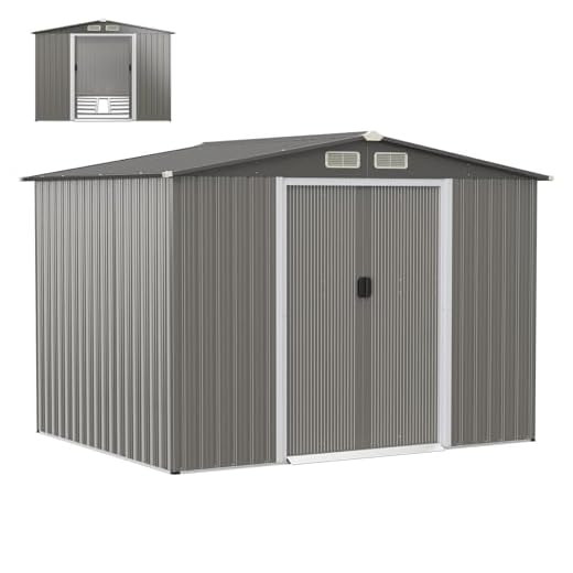 HOMASIS Casetta da Giardino in Metallo, Capannone per Attrezzi con Tetto a 2 Falde e Fondamenta, Capanno con 4 Finestre e 2 Porte Scorrevoli (Grigio scuro, 260 x 207 x 180 cm, 9,7 m³)