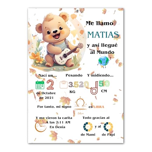 Natalicio Personalizado, Cuadro Nacimiento Bebe Personalizado, Laminas Infantiles, Laminas para Cuadros Infantiles Personalizados, Regalos Bebe Personalizados, Cuadro Natalicio Tamaño 30x42cm (Osito)
