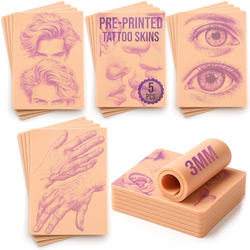 Stencil Skins 5 Pre Printed Tattoo Practice Skins Free Tutorial 3mm Premium Fake Skins for Tattooing Portrait Set