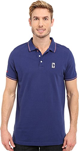 U.S. Polo Assn. Men's Solid Pique Polo Shirt with Color Tipped Collar and Cuffs, Marina Blue, Large
