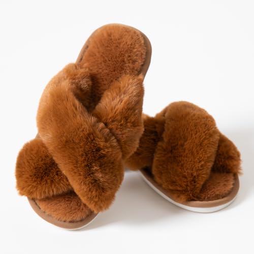 Image of Women's Cross Band Fuzzy Slippers Fluffy Open Toe House Slippers