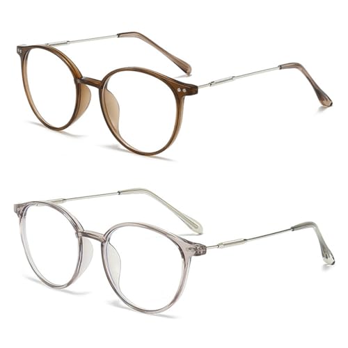 YUVKIN Set de 2 Gafas Bloqueadoras de Luz Azul, Gafas Redondas para Gaming con Filtro Anti-Luz Azul, Diseño Retro y Moderno de Metal sin Graduación para Mujer y Hombre (Marrón + Plateado)