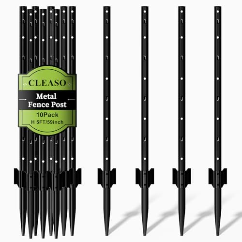 10 Pack 5 FT Black Metal Fence Posts Heavy-Duty Powder-Coated Steel U & T Stakes for Wire Fencing Farm Orchard Yard & Temporary Barriers