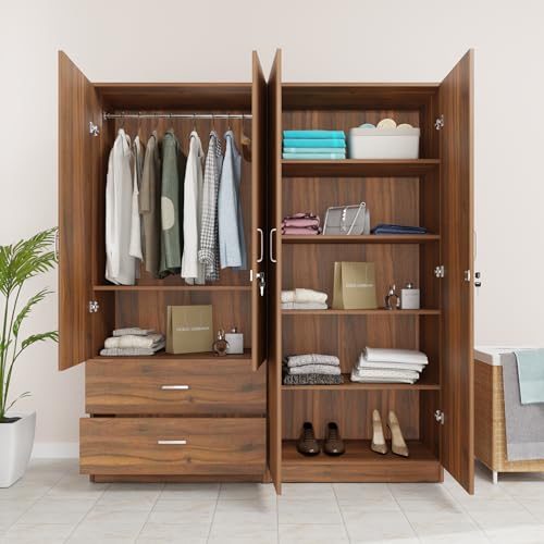 Image of VIKI Wardrobe |Wooden Almirah for 4 Door 2 Drawer with Shelves & Hanging Space Mirror Wardrobe (Brussel Walnut - 40D x 160W x 180.8H)| 1 Year Warranty | Free Assembly