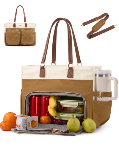 Image of LOVEVOOK Lunch Box Tote Bag for Women, 17.3 Inch Laptop Work Bag with Lunch Compartment, Oversized Tote with 40oz Cup Holder for Teacher, Nurse & Office Commuter