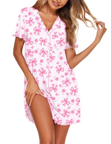 Image of Ekouaer Nightgowns for Women Button Down Sleep Shirt Short Sleeve NightShirts Boyfriend Sleepdress Soft Pajama Dress