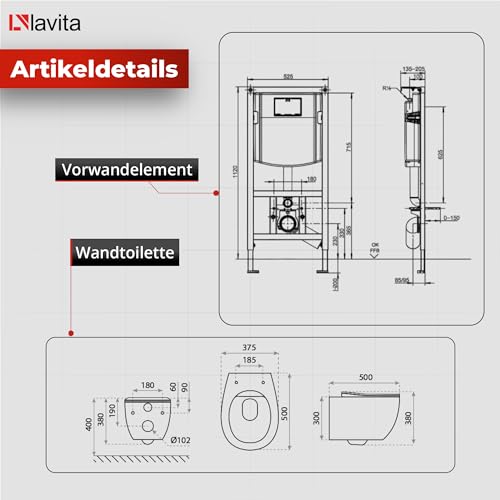 Lavita ViConnect H112 Vorwandelement Unterputz WC mit Bedienplatte + Wand Hänge Tiefspül WC Mondo Weiß Spülrandlos + WC Sitz Komplettset Unterputz Spülkasten Toilette Komplett Sett WC – Bild 3