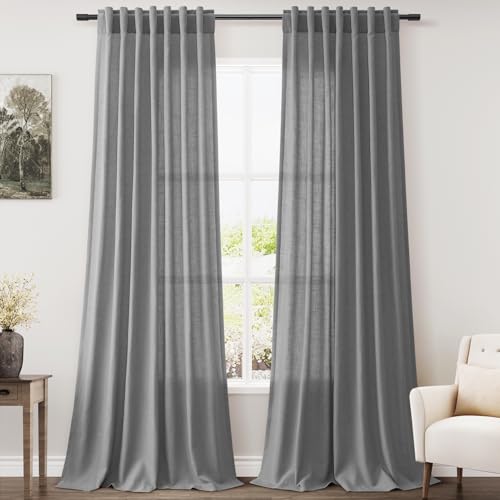 Image of Dark Grey Linen Extra Long Curtain 108 Inches Long 2 Panels Set Back Tab Drapes for Bedroom Lively Farmhouse Light Filtering Semi Sheer Linen Curtains 108 Inch Length for Large Window 52x108