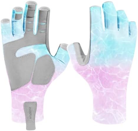 Aventik UPF 50+ Fishing Gloves- Fingerless Sun Protection Fishing Gloves- Fishing Sun Gloves for Women Men Outdoor Activities. (P&G WaterWripple, M)