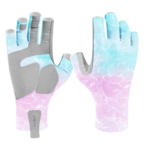 Aventik Upf 50+ Fishing Gloves- Fingerless Sun Protection Fishing Gloves- Fishing Sun Gloves For Women Men Outdoor Activities. (P&G Waterwripple, M) #TOP2
