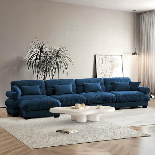 Image of SoarFlash Sectional Couches for Living Room, L Shaped Sofa Couch with Velvet Fabric, 4 Seat Modern Sofa with Ottoman, Removable Pillows for Apartment, Blue