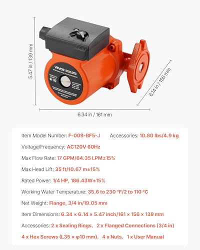 Image of VEVOR F-009-BF5-J Cast Iron Circulator Pump, 17 GPM, AC 120V 35 ft Hot Water Recirculating Circulation Pump, 3 /4-Inch Flange Connection, 3-Speed Adjustment, Quiet Operation, for Home Heating System