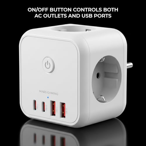 Mars Gaming MD-CUBE20, Powercube Wielofunkcyjny Kompaktowy, 3 Gniazda SCHUKO + 2 USB-C + 2 USB-A, Szybkie ładowanie PD 20W, Technologia GaN, Przycisk ON/OFF z Wskaźnikiem LED, 9 Zabezpieczeń, Biały