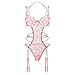 Women Lingerie Set Lace Teddy Strap Chain Babydoll Bodysuit with Garter Belts (Pink, Medium)