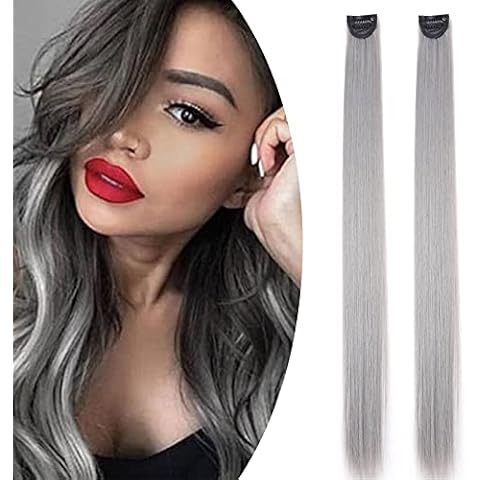 Rainbow Hair Extensions 2PCS One Clip Colored Hair Extensions Clip In On Hair Accessories Wig Highlight Pieces Curly For Girls Kids - Ash Grey Cover