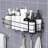 Boniry Stainless Steel Bathroom Shelf for Wall, Self Adhesive Bathroom Organiser, 4 Hooks for Towel Holder, Space-Saving Wall Mounted Bathroom Shelf with Elegant Design (Pack of 1, Black)