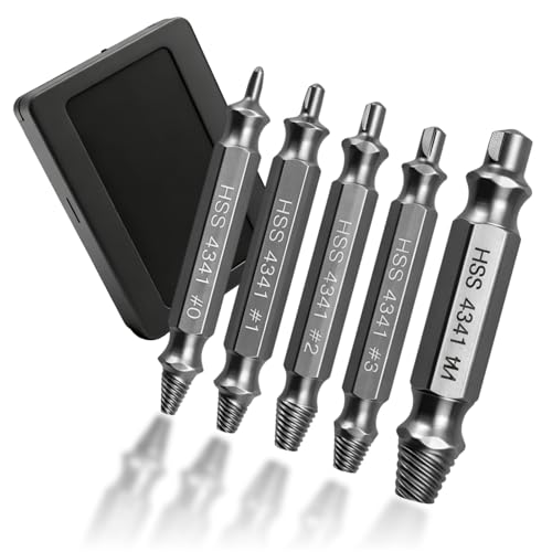 Extracteur de Vis Cassée 5PCS en Acier HSS 4341, Extracteur Vis Cassée Set Double Tête 0#-4#, Extracteur de Vis pour Vis Endommagées M3-M18, Extracteur de Goujon