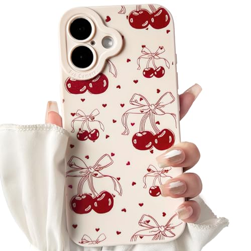 NITITOP Compatible for iPhone 17 Case Cute Cherry Bow Ribbon Pattern for Girls Women Soft TPU Durable Full Camera Lens Shockproof Protective Cover - Red Heart