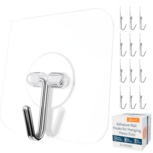 GLUIT Adhesive Wall Hooks for Hanging Heavy Duty 22 lbs Hooks for Walls No Damage, Towel Sticky Clear Hook, Waterproof, Home, Bathroom, Kitchen, Office, and Outdoor 12 Pack