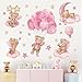 wondever Pink Balloon Bear Wall Stickers Hot Air Balloon Animals Clouds Stars Peel and Stick Wall Art Decals for Baby Nursery Kids Girls Bedroom