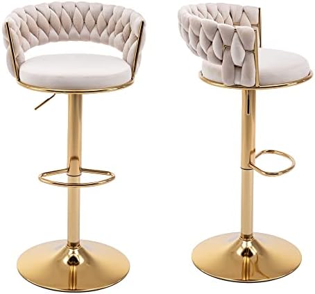 ABET Gold Bar Stool Set of 2, Velvet Swivel Woven Barstools, Height Adjustable Counter Stools with Hollow Back, Upholstered Modern Luxury Kitchen Stools with Footrest for Cafe, Pub, Beige