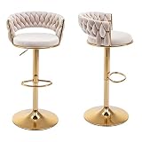 ABET Gold Bar Stool Set of 2, Velvet Swivel Woven Barstools, Height Adjustable Counter Stools with H