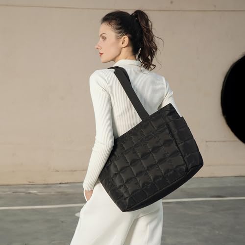 befen Puffer Handtasche Damen Groß Shopper Tasche Tragbare 15.6' Laptop Tote Bag Sporttasche Reisetasche Mit Reißverschluss Trolley-Abdeckung für Arbeit, Reisen, Fitness (Schwarz)