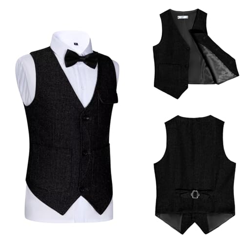 Image of Retro Boys Tweed Vest for Kids Formal Dress Herringbone Suit Vest for Toddler Boy Wedding Waistcoat