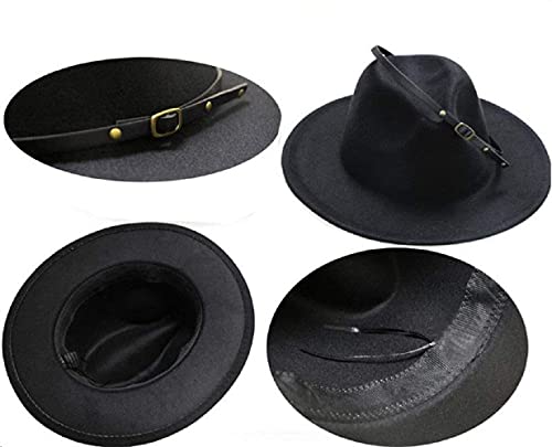 Classic Felt-Fedora Hat With Belt Buckle Women Wide Brim Wool Panama-Hat Adjustable（7 1/4） #TOP3