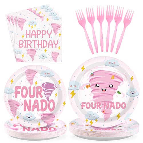 96 Pcs Fournado Birthday Party Decorations for Girl Pink Tornado 4th Birthday Plates and Napkins Tableware Set Four Nado Party Decor for Girls 4 Year Old Tornado Theme Baby Shower Supplies Serves 24