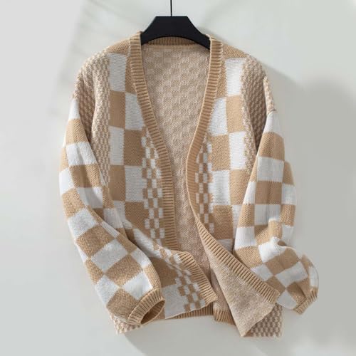 Cardigan Imprimé À Carreaux Losange Pour Femme, Col En V, Vintage, Tricoté, Haut Court, Pull Décontracté, Ample, Tricot, Hiver, Automne