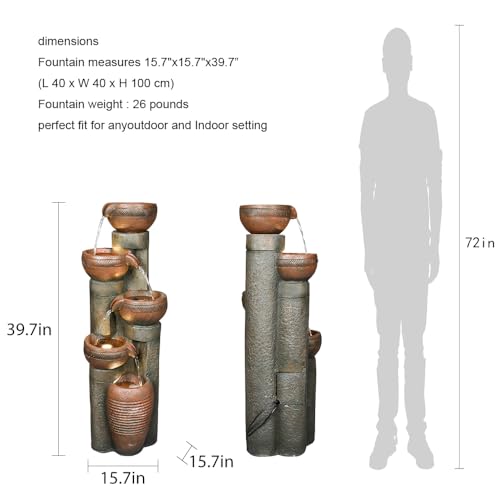 5 -Tier Outdoor Garden Water Fountain Decor, Resin Fountain for Garden, Floor Patio, Deck, Porch, Backyard and Home Art Decor (Brown, 39.7inch)