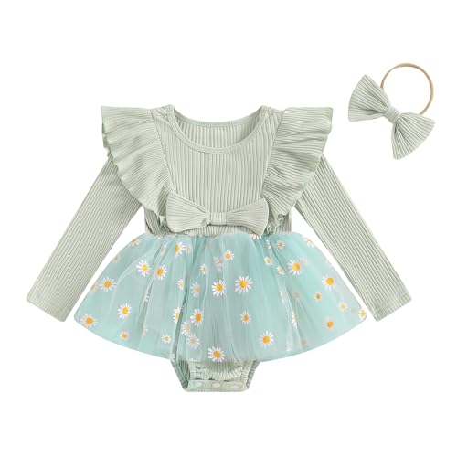 COORALLY Baby Girl Romper Dress Floral Mesh Tulle Skirt Hem Knit Ruffle Bodysuit Jumpsuit Infant Photography Outfits (A-Green, 3-6 Months)