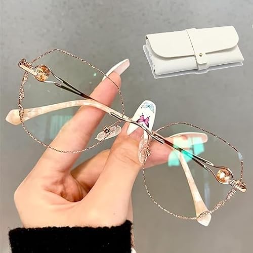 Women's Diamond Rimless Anti-Blue Light Presbyopia Glasses,Women's Progressive Fashion Anti-Blue Light Reading Glasses (Gold,+250)