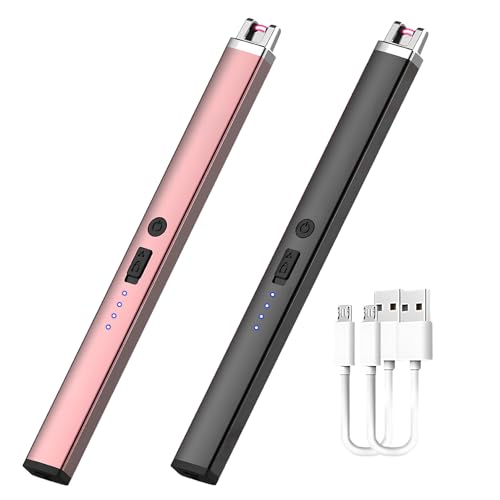 2pcs Electric Candle Lighter, Rechargeable Electric Lighter Candles, Windproof Belt Led Battery Display Ion Windproof, Safety Switch Flameless, for Candle Barbecues Fireplaces Camping Cooking