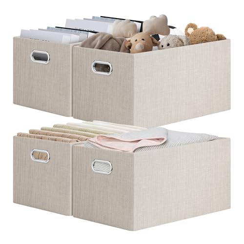 Posprica Closet Storage Bins, 4 Pack Closet Shelf Organizers, Linen Fabric Decorative Storage Baskets for Organizing, Foldable Storage Box for Clothes, 15x10.5x8.25 Inch (Beige)