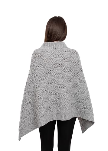 Image of SAOL Aran Poncho 100% Merino Wool for Ladies with Buttons V-Neck Shawl Cardigan