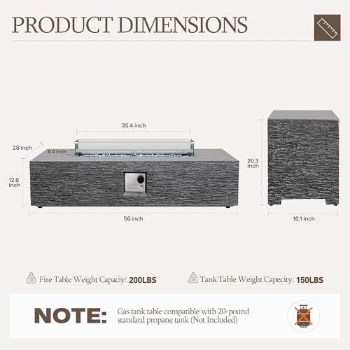 UPHA 56-inch Outdoor Propane Gas Fire Pit Table 50000 BTU Concrete Round FirePit for Outside Patio with Propane Tank Cover, Wind Guard, Blue Glass Rocks, Rain Cover, Grey Striped