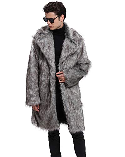 Lafee Bridal Men's Luxury Faux Fur Coat Jacket Winter Warm Long Coats Overwear Outwear Grey XL