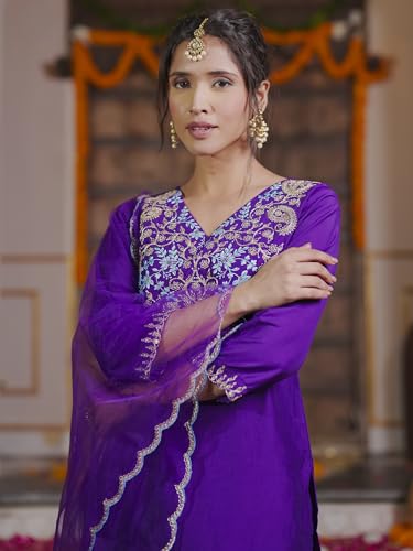 Image of INDO ERA Women's Silk Embroidered Straight Kurta With Pant & Dupatta Set