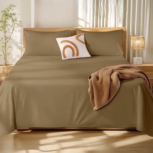 Cottington Lane 4 Piece Eastern King Size Sheet Set 76 x 80, Luxury Hotel Quality 100% Egyptian Cotton Bed Sheets with 16 Inch Deep Pocket Snug Fit Smooth Sateen Weave, Taupe Solid
