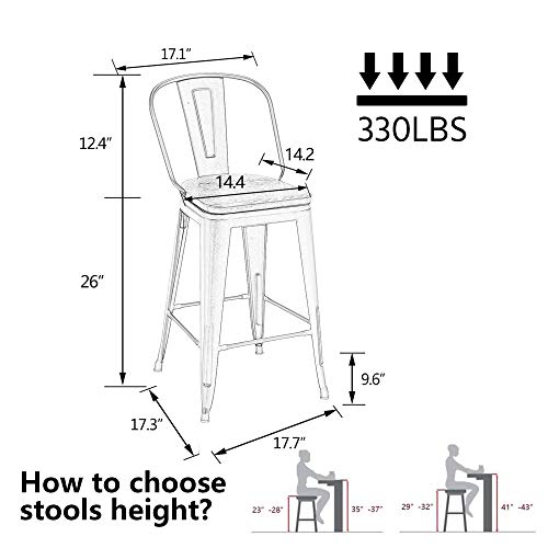 Alunaune 26" Swivel Metal Bar Stools Set Of 4 High Back Counter Height Barstools Industrial Dining Bar Chairs With Large Wooden Seat-Matte Black #TOP1