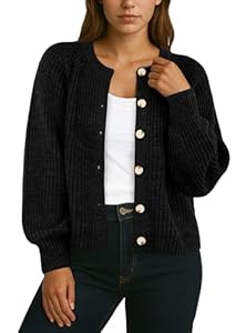 GRECERELLE Cardigans pour Femmes Doux Manches Longues Pulls Surdimensionnés Dames Cardigan Ample Épais Col Rond Tricot Pull avec Boutons pour Femmes UK, Automne, Hiver, Printemps, Noir , M