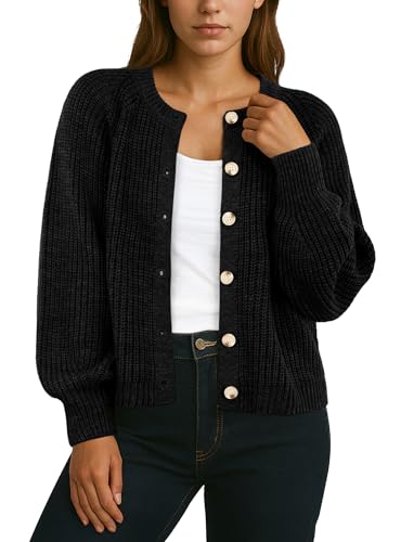 Image of GRECERELLE Women's Cardigans Soft Long Sleeves Oversized Jumpers Ladies Loose Chunky Cardigan Crew Neck Knit Sweater with Buttons for Women UK,Autumn,Winter, Spring (Black, L)